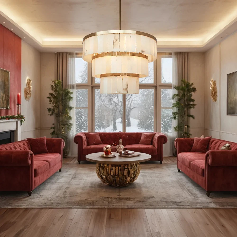 Alabaster Three-Tier Chandelier with Metal Natural Stone