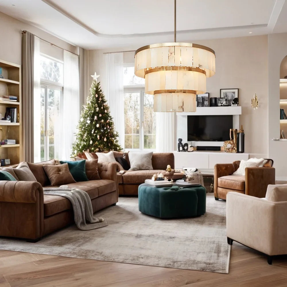 Alabaster Three-Tier Chandelier with Metal Natural Stone