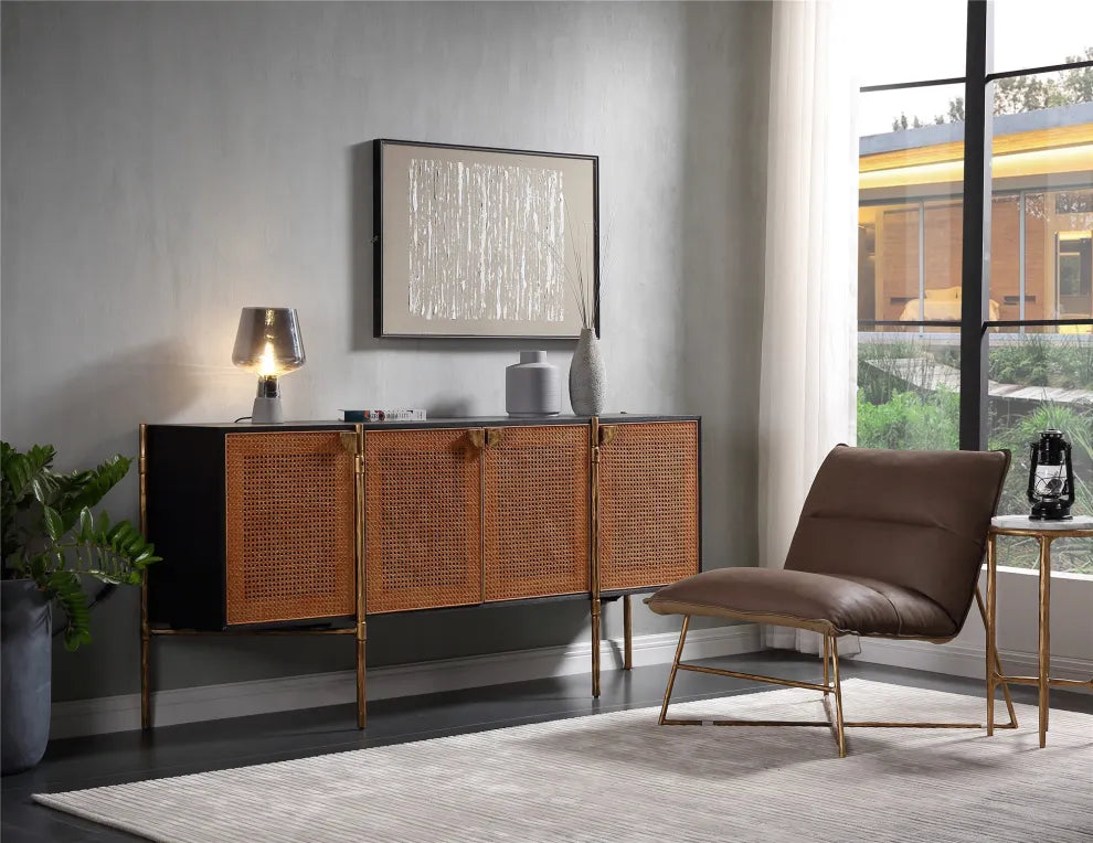 Thaddeus Metal Frame Rattan Long Side Cabinet