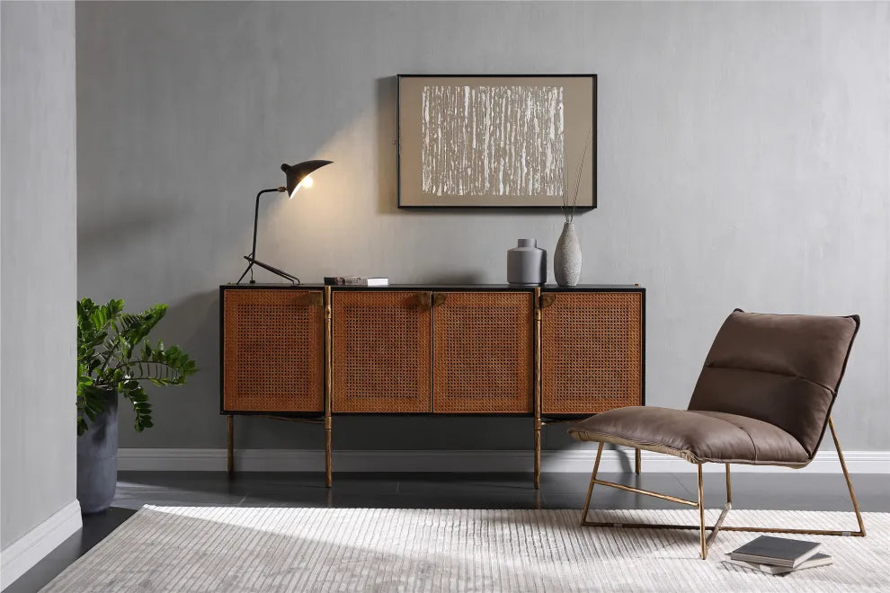 Thaddeus Metal Frame Rattan Long Side Cabinet