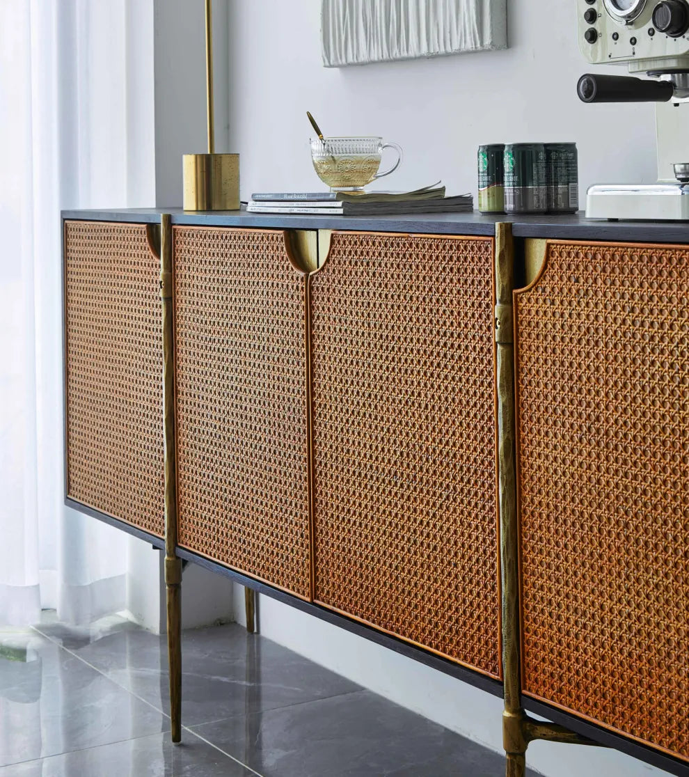 Thaddeus Metal Frame Rattan Long Side Cabinet