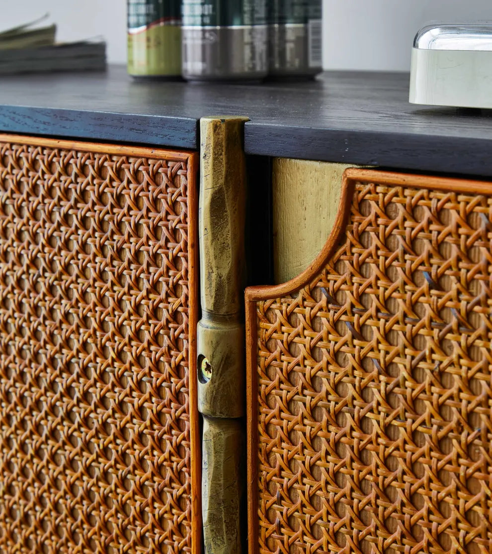 Thaddeus Metal Frame Rattan Long Side Cabinet