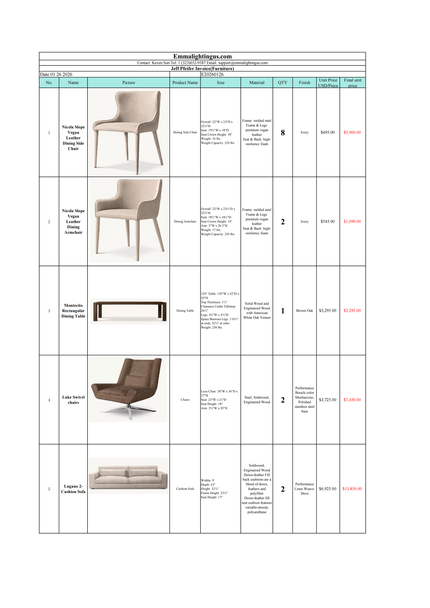 50% Deposit Of Jeff Furniture Invoice
