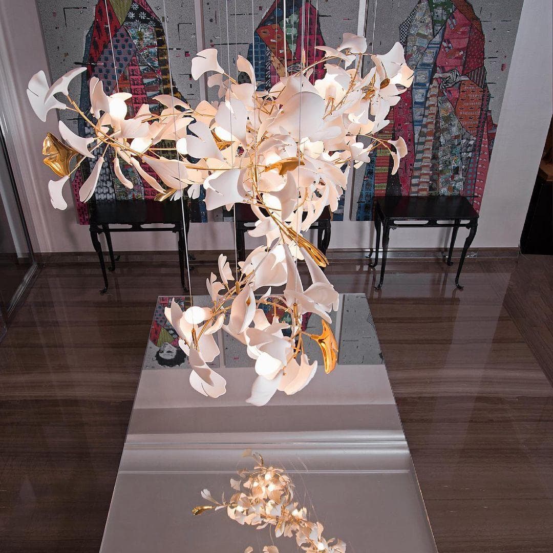 Gingko Chandelier E USE White and Gold