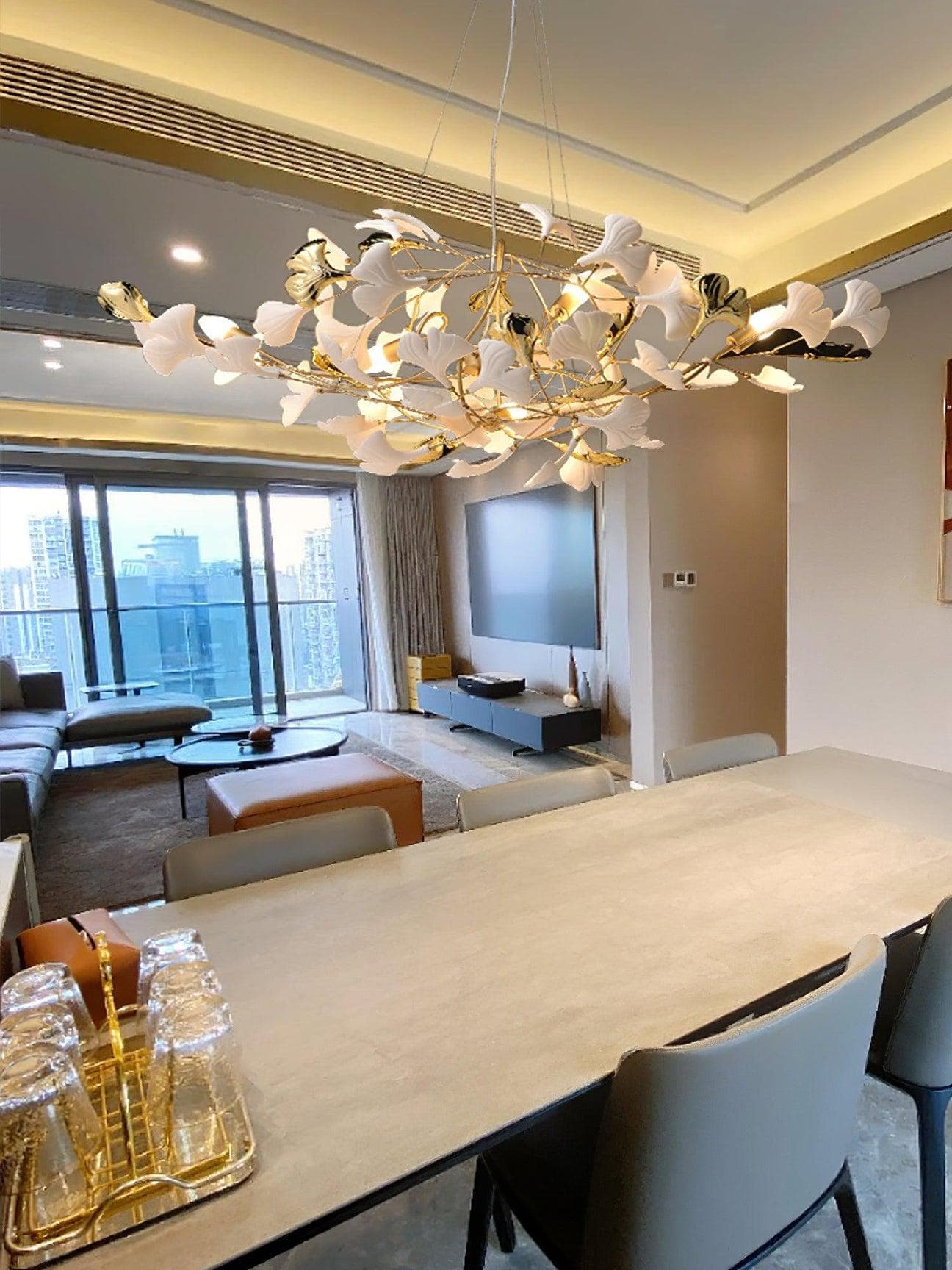 Gingko Chandelier S USE White and Gold