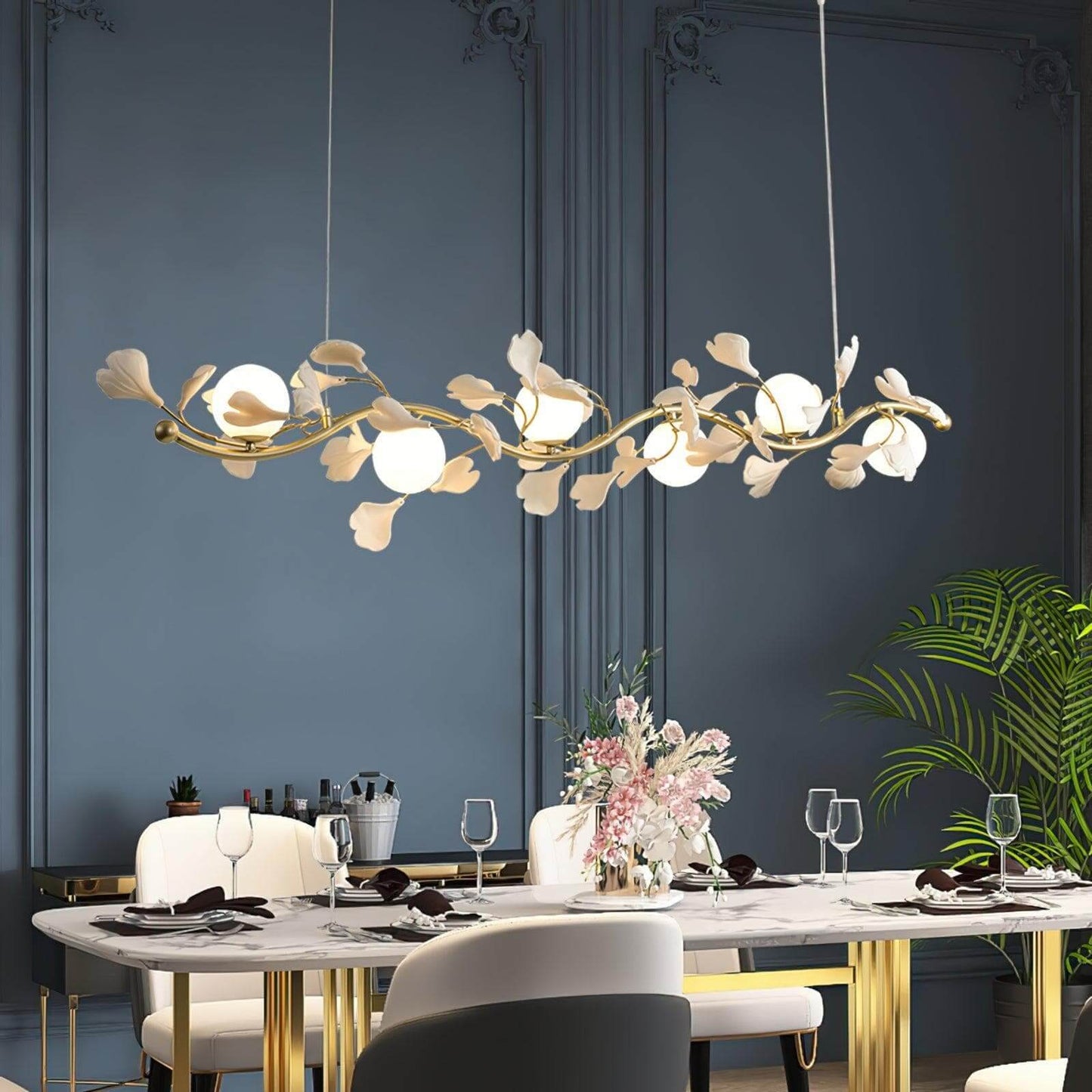 Gingko Glass Chandelier USE White and Gold