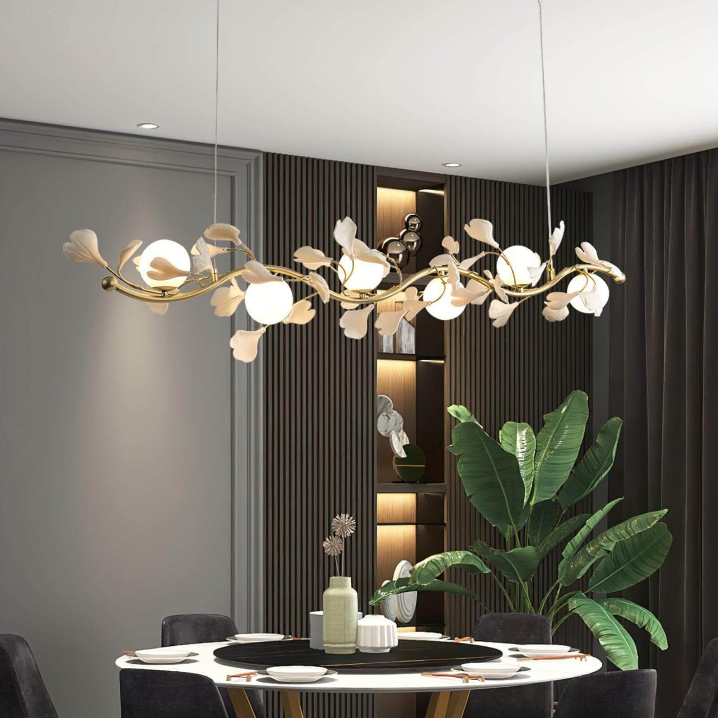 Gingko Glass Chandelier USE White and Gold