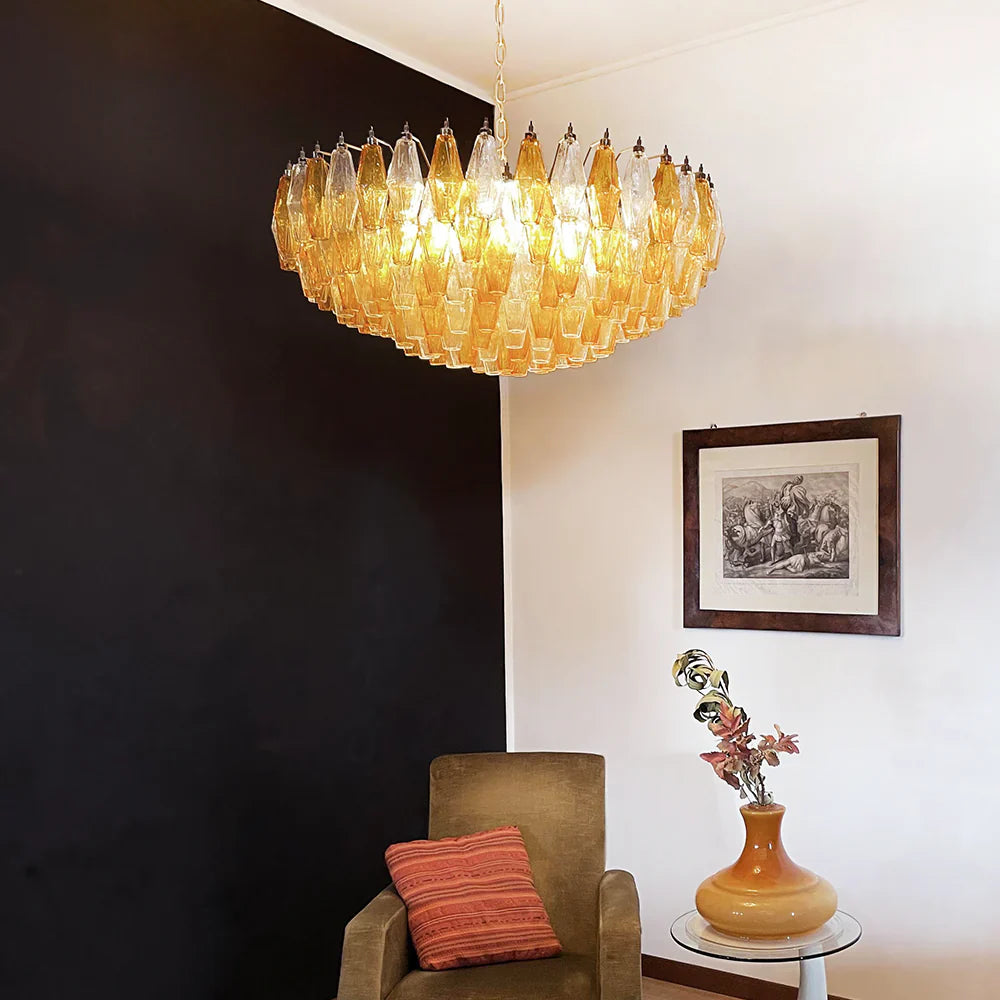 Murano Faceted Transparent Amber Glass Chandelier 35.4"