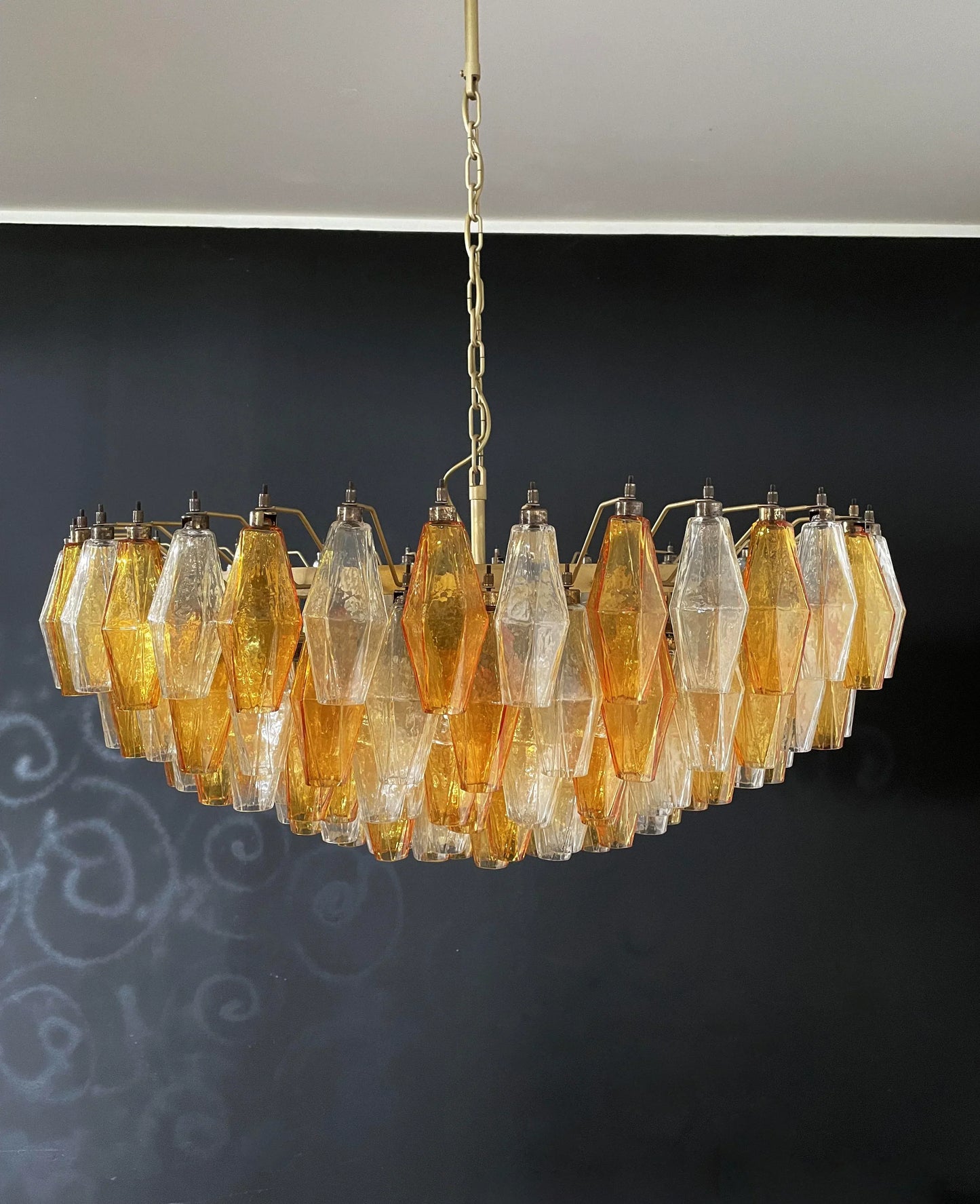 Murano Faceted Transparent Amber Glass Chandelier 35.4"