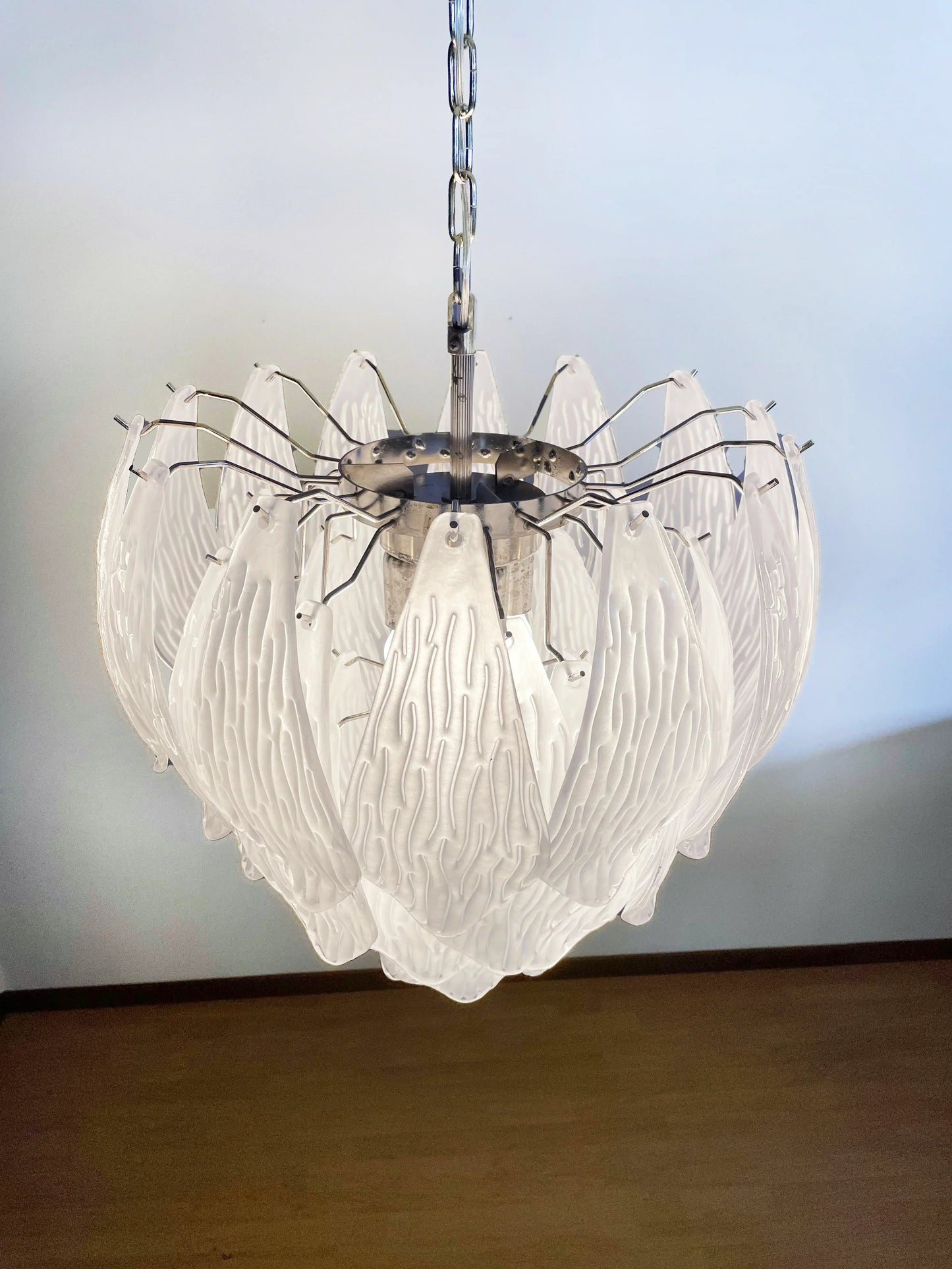 Murano Frosted Carved Glass Leaves Chandelier 21"