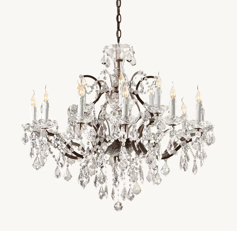 19TH C. ROCOCO IRON & CRYSTAL ROUND CHANDELIER 33"