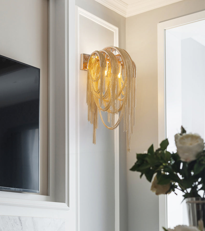 Fashionable Plated Aluminum Chain Tassel Wall Sconce Height 22.8"