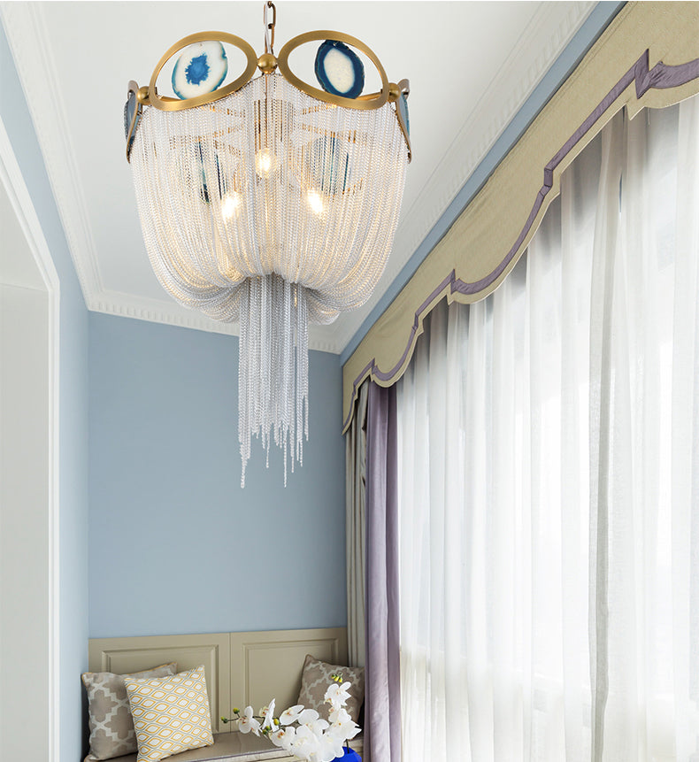 Bronze Framework and Silver Aluminum Chain Chandelier Diameter 17.7"