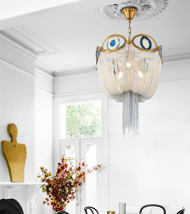 Bronze Framework and Silver Aluminum Chain Chandelier Diameter 17.7"