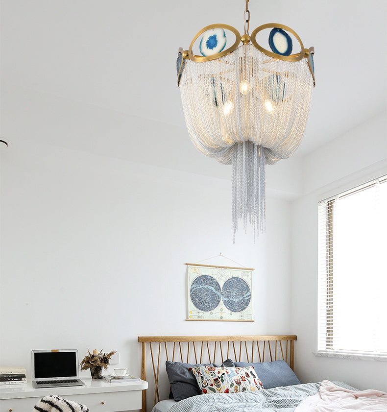 Bronze Framework and Silver Aluminum Chain Chandelier Diameter 17.7"