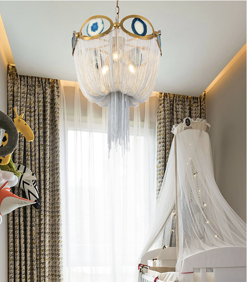 Bronze Framework and Silver Aluminum Chain Chandelier Diameter 17.7"