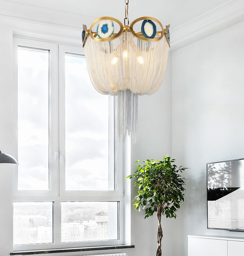 Bronze Framework and Silver Aluminum Chain Chandelier Diameter 17.7"